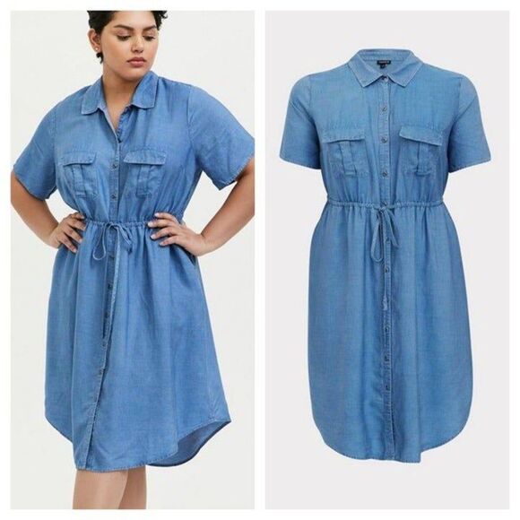 Torrid Blue Chambray Button Front Drawstring Shirt Dress - Picture 1 of 5